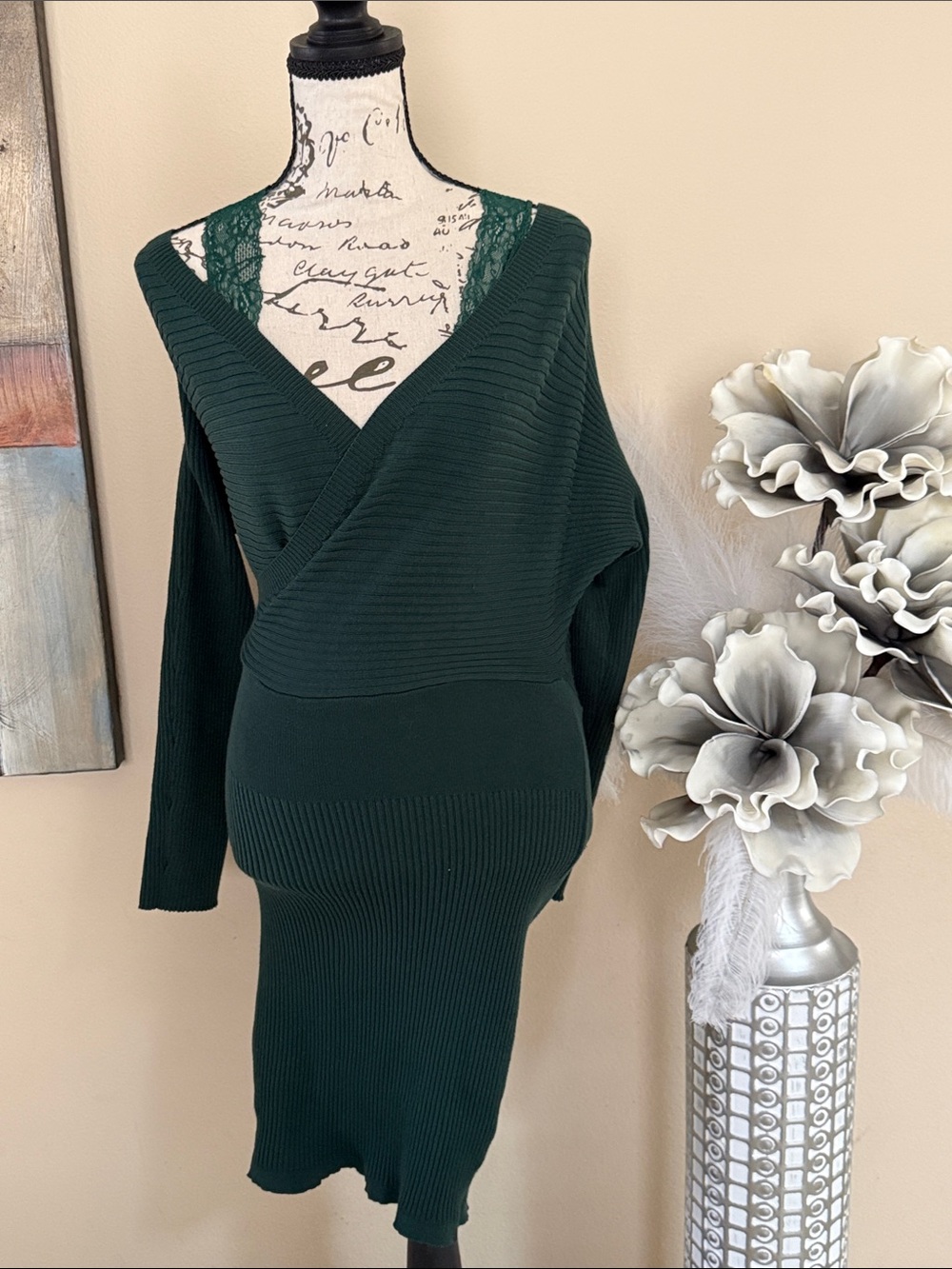 SHEIN Dark Green Ribbed V-Neck Sweater Dress
